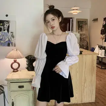 Korea Ühes Tükis Kleit prantsuse Square Krae Täis Varruka Must Mini Kleit Juhuslik Pidu Seksikas Kleit 2020. Aasta Sügisel Naiste Riided