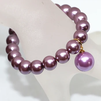 Kõrge kvaliteediga käevõru naistele 10mm lilla koorega simuleeritud-pearl ring helmeste hulgimüük elastne kett ehted 7.5 tolline B1713