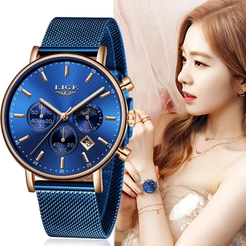 LIGE Naiste Mood Sinine Kvarts Vaata Lady Silma Watchband Kvaliteetsed Vabaaja Veekindel Käekell Kuu Faas Kella Naisi Vaadata