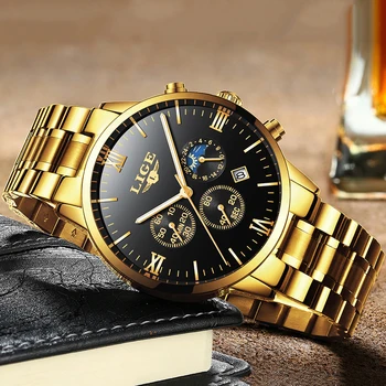 LIGE Uus Mens Kellad, Sport Chronograph Top Brändi Luksus Veekindel Full Steel Watch Meeste Kvarts Kell Gold Relogio Masculino