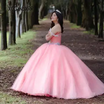 Luksuslik Pink Ball Kleit Tanssiaiset Kleit 2020 Magus 15 16 Kleidid V-Kaelusel pits Applique Kristall Profileerimine Tüdrukud Birhtday Pool Kleit Võistlused