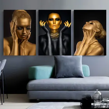 Lõuend Maali Seina Pilt Moe-Aafrika Kuldne Must Naiste Plakatid, Prindid Kunsti Põhjamaade Modulaarne Kodus Decor elutuba