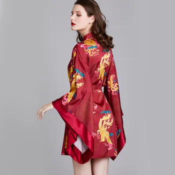 Naine Burgundia Põletatud Varrukad Kleit Seksikas Prindi Dragon Retro, Pesu Kimono Hommikumantel Pruudi Pulmas Sleepwear Kevadel Homewear