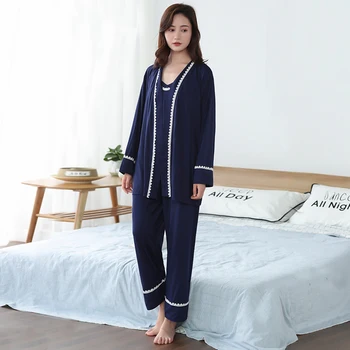 Naiste Pidžaama Komplekt 3 Töö Bamboo Dressipluus Püksid Pajama Komplekti Seksikas Pits O-Kaeluse Homewear Magada Set Daamid Pidžaamad Sleepwear