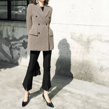 Naiste retro houndstooth villane mantel Pintsak jakk kevad-sügis korea elegantne casual šikk ruuduline ülikond, Pintsak fenimino pommitaja