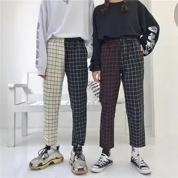 New2020 Mood Vintage Ruuduline Segast Püksid Harajuku Naine Mees Püksid Elastics Kõrge Vöökoht Püksid Korea Põhjuslik Pikad Püksid