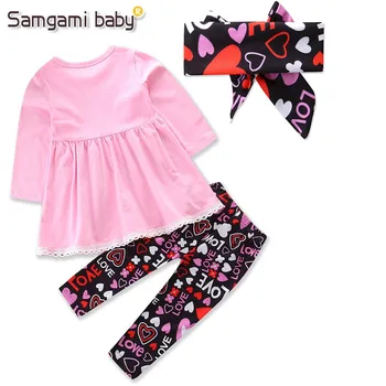 SAMGAMI BEEBI Tüdrukud Brändi Väikelapse Girl Riietus Määrab cartoon roosa tops T-särk + trükkimine pikad püksid+peapael 3tk Lapsed Riided