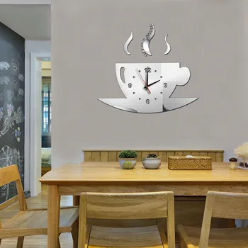 Suur Seina Kella 3D Kohvi Tassi DIY Vaikne Seina Kleebis Kell seinakellad Decor Akrüül Liim Toas Elavad Peegel Kodus Ise