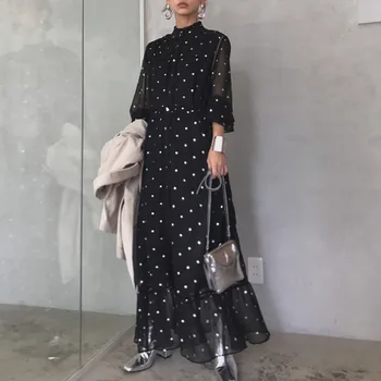 Sügisel korea Stiilis Elegantne Seista Krae Vintage Laiendamine Must Naiste Midi Kleidid Kõrge Vöökoht-Suurpärase Stiilne Office lady Kleidid
