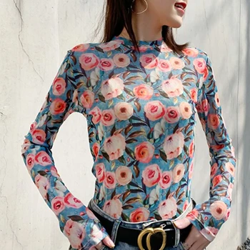 T-Särgid Naiste Õhuke Võrgusilma Pikk Varrukas Monet Flower Print Tshirt Suve Mood Läbi Näha Tops Naine Läbilöök Tee Särk