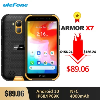 Ulefone Armor X7 Android 10 Vastupidav, Veekindel Nutitelefon 5.0-tolline 2GB 16GB IP68/IP69K Quad-core 4000mAh NFC 4G LTE Mobile Telefon