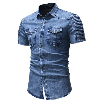 Uued denim rõivaste väliskaubandus lühikeste varrukatega särk isiksuse õmblemine plisseeritud varruka teksariidest särk meeste riided 2018 M-XXXL