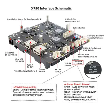 Vaarika Pi-4 Mudel B UPS MÜTS Kilbid Toide, X750 Power Management Expansion Board Vaarika Pi 4B/3B+/3B/2B/A+