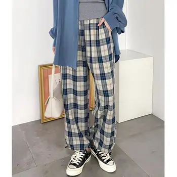 Vintage Ruuduline Püksid Naiste Lahtised Elastne Vöökoht Püksid Mujer Pluss Suurus Retro Võre Põhjuslik Püksid Maxi Sügis-Talv 2020
