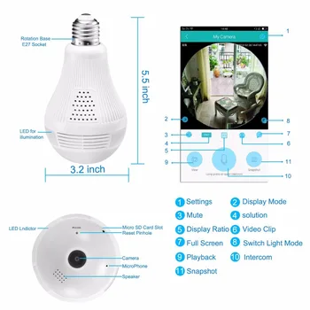 Wifi Panoraam Fisheye 360 kraadi Kaamera Traadita IP LED Lamp Mini Kaamera 2MP 3D VR 1080P Turvalisuse Pirn, WIFI, Kaamera CCTV