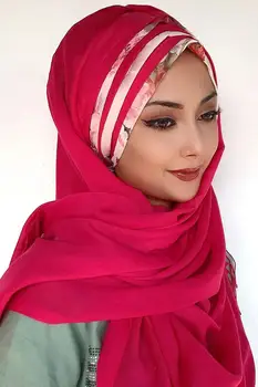 Yeni Moda Hijab Kadın 2021 Müslüman Başörtüsü Islami Tesettür Türban Şapka Fular Eşarp Pembe Renk Beyaz Şifon Detaylı Hazır Şal