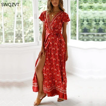2020. aasta Sügisel Naiste Kleit Mood Print V-kaelus Ees Lõhik õie kleidid Vabaaja Lühikesed Varrukad Naiste Pikk Maxi Kleit peokleidid