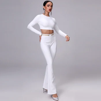 2020. aasta Sügisel Uus Naiste Side Tõmblukk Seksikas Valge Särk Ja Püksid 2 Tükki Kaks-töö Mood Lai Jalg Pikad Püksid Jõulud Komplekt