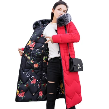2020. aasta talvel naised X-pikk jope liiga tegumoega mõlema poole kanda kapuutsiga karusnaha krae trükkimine slim outwear paksud casaco feminino