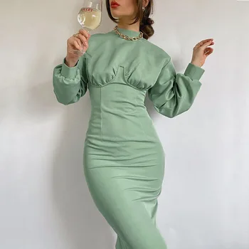 2021 Uus Kevad Roheline Mantel Mood Elegantne Armu Pika Varrukaga Kleidid Naistele 046