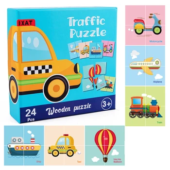24tk Puzzle Puidust 3d Pusle Tangram Laste Multikas Loomade Liikluse Alguses Haridus-Õppe Mänguasjad, Beebi Kognitiivse Mänguasjad