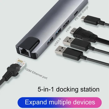 5 In 1 Liik-c-Hub-USB-C HDMI-USB3.0 LAN Ethernet Docking Station Multifunktsionaalne USB-C-Hub Adapter PD Kiire Laadimine Jaoks Macbook