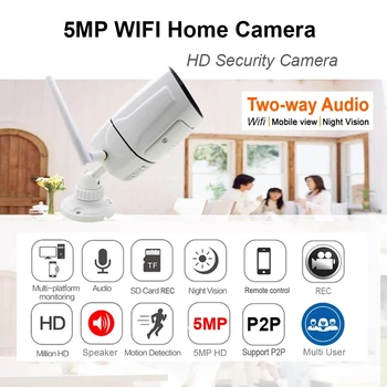 5MP Kaamera, Wifi IP Väljas IR Night Vision ONVIF P2P Audio-Video HD Traadita videokaamerad SD-Kaardi pesa Xmeye JIENUO