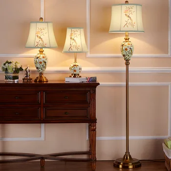 Ameerika tabel lamp magamistuba voodi kõrval laua lamp riie lambivarju lill ja lind retro riik keraamiline lauavalgusti