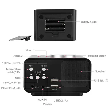 Digitaalne Äratuskell FM-Raadio Valju Äratuskella koos kahe Häire ,AUX-in ja kaks Laadimine USB Pordid,Heledus Dimmer Öö Valguses