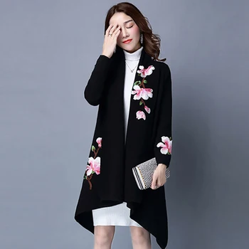 Elegantne nööbitavad kampsunid sviiter varjatud mantel naistele lille tikandid kimono sügis-talv pikk naine overcoat pikad varrukad trentš