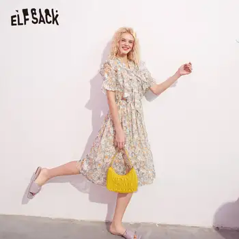 ELFSACK Disty Õie Printida Vibu Kaelus Vabaaja Ruffle Kleit Naiste 2020. Aasta Suvel ELF Vintage korea Girly Puhkus Sifonki Kleidid