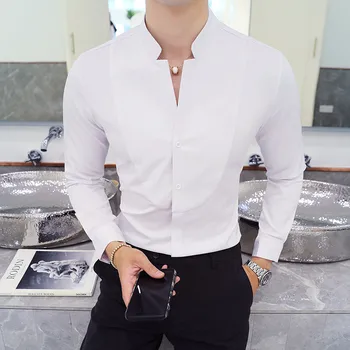 Hiina seista krae särk mees 2019 uus aasta sügisel solid color slim särk Chemise Homme meeste vabaaja äri sotsiaalne kleit särk 5XL
