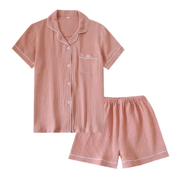 Jaapani suvel paar pidžaama sobiks puuvillane krepp daamid solid color lihtne lühikeste varrukatega särk, lühikesed püksid pidžaama meeste home service