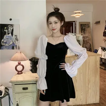 Korea Ühes Tükis Kleit prantsuse Square Krae Täis Varruka Must Mini Kleit Juhuslik Pidu Seksikas Kleit 2020. Aasta Sügisel Naiste Riided