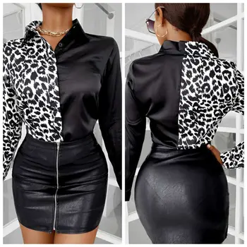 Leopardi Pluusi Õmblemine Naiste OL Style Mustad Särgid Naistele Turn-Down) Krae Naiste Pluus Tops Elegantne Õmblemine Naiste Topid