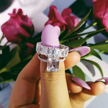 Luksus 925 Sterling Hõbe Loodud Emerald lõigatud Diamond Pulmad Engagement Kokteil Naiste Teemant Bänd Ring Trahvi Ehteid