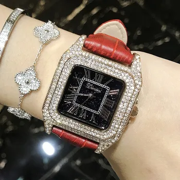 Luksus Täielik Teemant Naiste Square Käevõru Kellad Daamid Mood Nahast Rihm Rhinestone Quartz Watch Uus Elegantne Naiste Kell