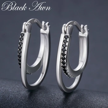 Must Ohe 925 Sterling Hõbe Real Ring Must Spinel Trendikas Kaasamine Hoop Kõrvarõngad Naistele Trahvi Ehteid Bijoux I004