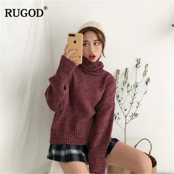 RUGOD Mood Tahke Kootud Pullover Lady Vabaaja kõrge kaelusega Lihtne Pullover Džemprid korea Stiilis Kampsun Termperament Streetwear
