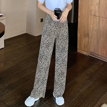 Streetwear leopard printida plisseeritud lai jalg püksid naiste 2020. aasta suvel õhuke lahtised pikad vabaaja püksid harajuku vintage naiste püksid