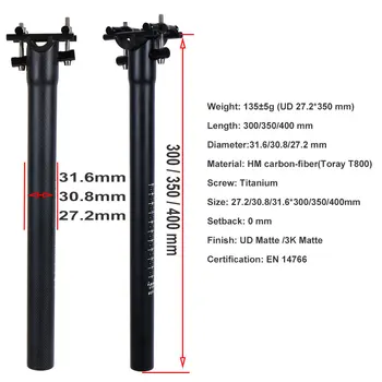 Ulterlight Titaanist Kruvi Matte Black Carbon Fiber Istme Post MTB/Road Bike Seatpost 27.2/30.8/31.6 mm 300/350/400mm