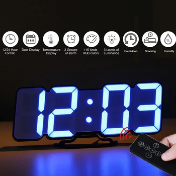 Uuendada 3D, Kaugjuhtimispult Digital Wall Clock 115 Värvi LED Tabel Kella Alarm Temperatuuri Kuupäev Heli Kontroll Öö Valguses