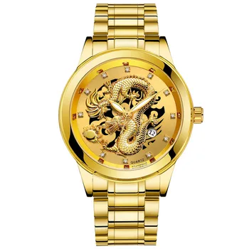 Veekindel Meeste Gold Dragon Skulptuur Quartz Watch Luksus Meeste Terasest Käekell reloj mujer naiste kellad