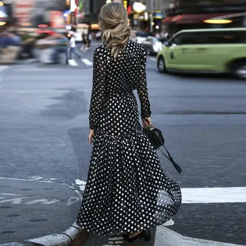 Vintage Naiste Polka Dot Kaua, Maxi Kleit V Kaela Sidemega Seksikas Must Kleit Prantsuse Stiilis Elegantne Sundress Daamid Vestidos Riided