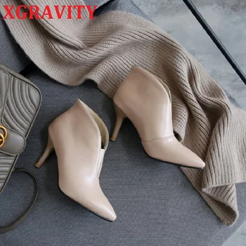 XGRAVITY 2021 Vintage Pikad Varba Tüdruk Õhuke Kanna Naine Saapad Sügav V-Disain Lady Fashion Shoes Elegantne Euroopa Naiste Saapad S032