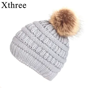 Xthree Hot müük polüester kootud beanie ühise põllumajanduspoliitika faux karusnaha pom pom talve mütsid naistele väljas pop-ski mütsid odav müts